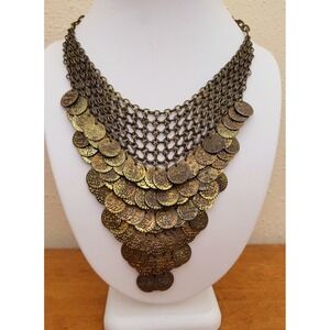 Vintage Tanjore India Statement Necklace Coins Bib Style Metal Mesh Layered